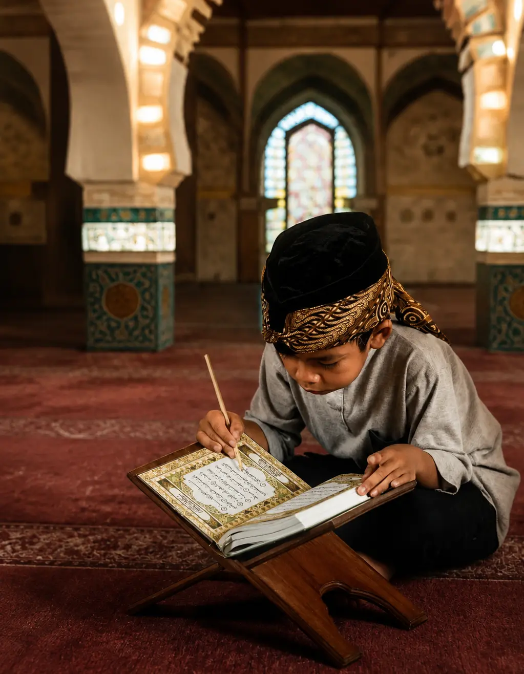 A young boy wearing a traditional patterned head covering sits on a red carpet inside a mosque, using a wooden pointer to follow verses in an open Quran resting on a wooden stand (rehal), representing interactive childhood lessons at an Online Quran Academy.